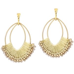 BOHO EARRINGS Double Oval Shaped Earrings w/ Metallic Beige & Square Gold Beads